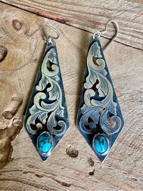 Sabrina Thiel Art  Turquoise Sterling Silver Filigree Drop Earrings